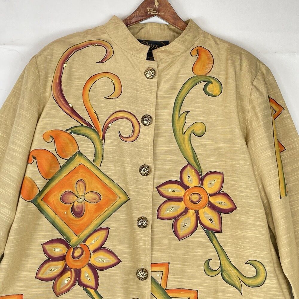 Vintage Alex Kim Women’s Size LP Jacket Yellow Floral Sequined Buttons Closure - Picture 2 of 16